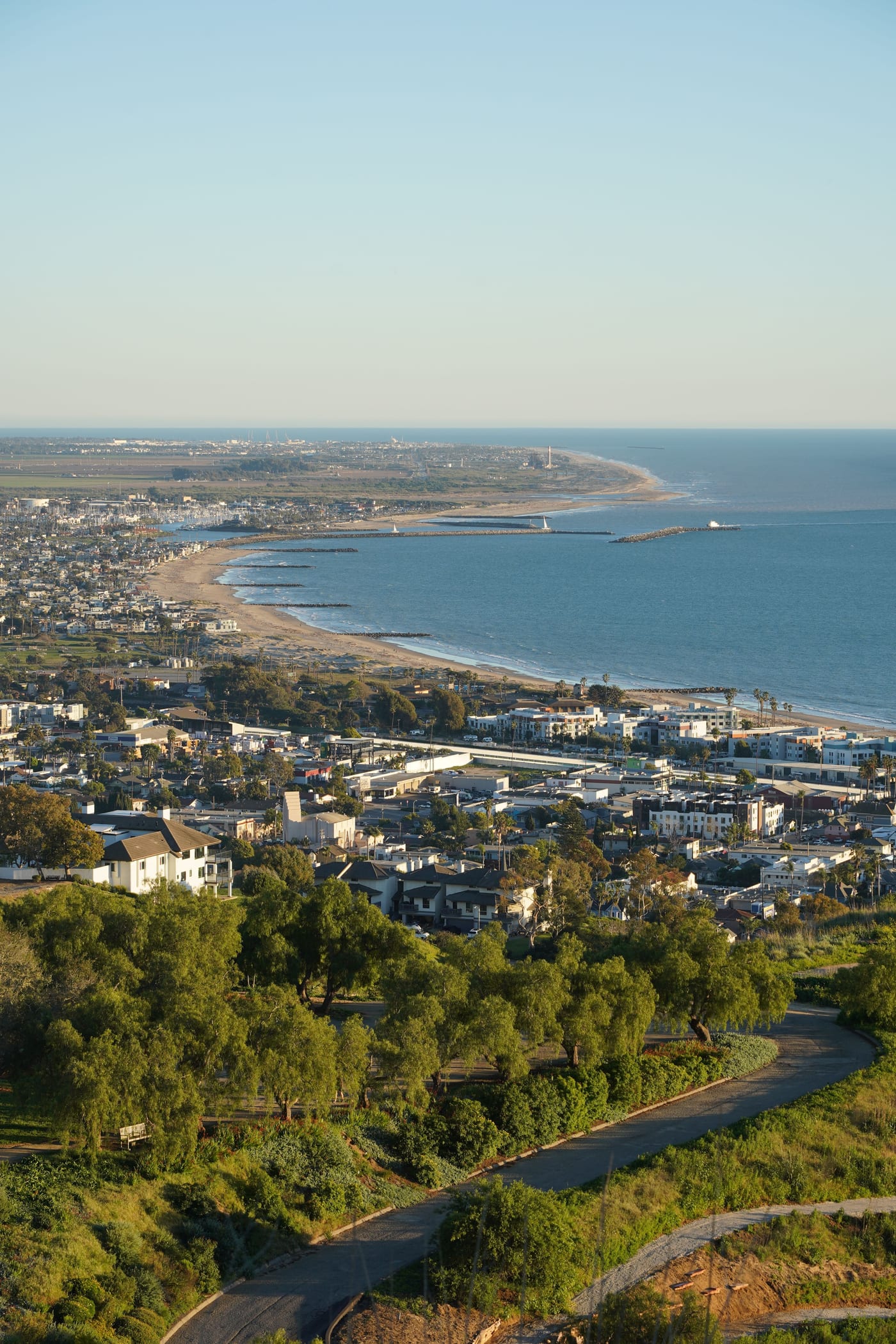 The Santa Barbara coastline seen from above, with the harbour and shoreline stretching toward the point